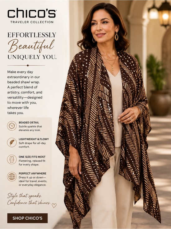 Chico's Jackets & Blazers - Chico's Shawl Wrap Cardigan Ruana Kimono Women's One Size OS Brown Tan Beaded